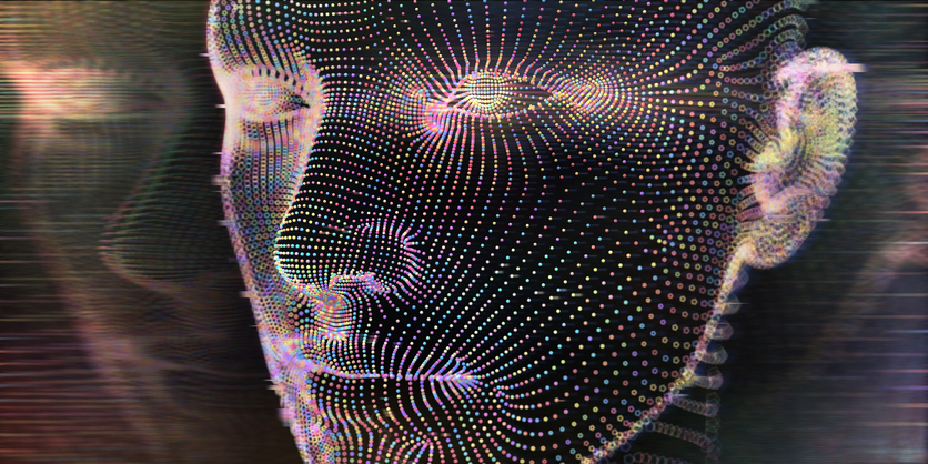 Holographic Head Formed From Small Multi Coloured Spheres With Glitch Effects